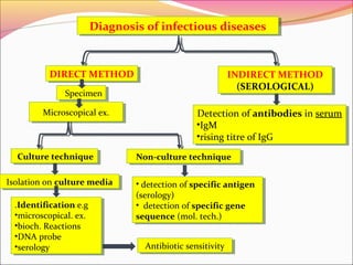 Diagnosis of infectious diseases
Diagnosis of infectious diseases

DIRECT METHOD
DIRECT METHOD
Specimen
Specimen
Microscopical ex.
Microscopical ex.

Culture technique
Culture technique
Isolation on culture media
Isolation on culture media
.Identification e.g
.Identification e.g
••microscopical.ex.
microscopical. ex.
••bioch.Reactions
bioch. Reactions
••DNAprobe
DNA probe
••serology
serology

INDIRECT METHOD
INDIRECT METHOD
(SEROLOGICAL)
(SEROLOGICAL)
Detection of antibodies in serum
Detection of antibodies in serum
••IgM
IgM
••risingtitre of IgG
rising titre of IgG

Non-culture technique
Non-culture technique
••detection of specific antigen
detection of specific antigen
(serology)
(serology)
•• detection of specific gene
detection of specific gene
sequence (mol. tech.)
sequence (mol. tech.)
Antibiotic sensitivity
Antibiotic sensitivity

 