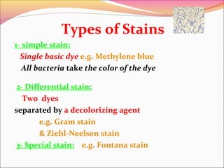 Types of Stains
1- simple stain:
Single basic dye e.g. Methylene blue
All bacteria take the color of the dye
2- Differential stain:
Two dyes
separated by a decolorizing agent
e.g. Gram stain
& Ziehl-Neelsen stain
3- Special stain: e.g. Fontana stain

 