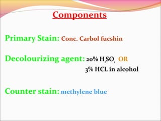 Components
Primary Stain: Conc. Carbol fucshin
Decolourizing agent: 20% H2SO4

OR

3% HCL in alcohol

Counter stain: methylene blue

 
