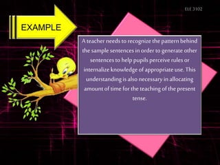ELE3102
EXAMPLE
Ateacher needstorecognizethepatternbehind
thesamplesentencesinorder togenerate other
sentencesto helppupilsperceiverulesor
internalizeknowledgeofappropriateuse.This
understandingisalsonecessaryinallocating
amountoftimefortheteachingofthepresent
tense.
 
