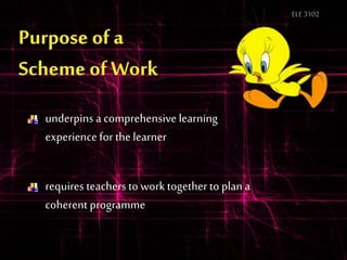 ELE3102
underpins a comprehensive learning
experience for the learner
requires teachers to worktogether to plan a
coherent programme
 