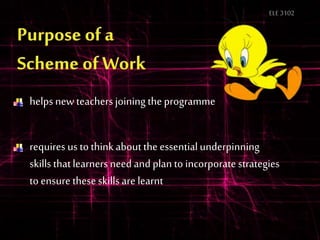 ELE3102
helpsnew teachers joining theprogramme
requires us to thinkaboutthe essentialunderpinning
skills thatlearners need and plan to incorporate strategies
to ensure theseskills are learnt
 