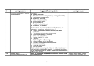 AO            Learning outcomes                                   Suggested Teaching activities                                        Learning resources
      influencing the popularity of selected   destination:
      tourist destinations.                    • Weather and climate
                                               • Natural environment (scenery/landscape and vegetation/wildlife)
                                               • Historical and cultural attractions
                                               • Modern built attractions
                                               • Indoor and outdoor activities
                                               • Accommodation options
                                               • Events and festivals
                                               • Food/drink and entertainment
                                               • Accessibility and gateways

                                               Students should also examine the factors which will influence the
                                               popularity of their selected destination in terms of:
                                                • Cost (of accommodation, transport and living costs at the
                                                    destination)
                                                • Tour operator/destination promotional activity
                                                • Over-commercialisation or exclusivity
                                                • Crime and social problems
                                                • Political instability and unrest
                                                • Terrorism
                                                • Positive/ negative media coverage
                                                • Positive/ negative tourism management
                                                • Growth in independent travel and short breaks
                                                • Increased accessibility
                                                • Water/ air/ noise hazard
                                                • Natural disasters
                                               Students should be encouraged to analyse the relative importance of
                                               each factor within the destination selected. In this way it will be possible
                                               to ask students to evaluate the appeal of different types of destinations to
                                               different types of visitor.
AO4   Students need to:                        Apply the Butler model of the stages of destination evolution to the           Statistical records relating to visitor
      Understand Butler’s model of the         selected destination.                                                          numbers, tourism expenditure and




                                                                               4
 