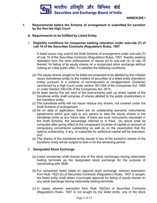¼ããÀ¦ããè¾ã ¹ãÆãä¦ã¼ãîãä¦ã ‚ããõÀ ãäÌããä¶ã½ã¾ã ºããñ¡Ã
Securities and Exchange Board of India
Page 2 of 12
ANNEXURE I
I. Requirements before the Scheme of arrangement is submitted for sanction
by the Hon’ble High Court
A. Requirements to be fulfilled by Listed Entity
1. Eligibility conditions for companies seeking relaxation under sub-rule (7) of
rule 19 of the Securities Contracts (Regulation) Rules, 1957
A listed issuer may submit the Draft Scheme of arrangement under sub-rule (7)
of rule 19 of the Securities Contracts (Regulation) Rules, 1957, thereby seeking
relaxation from the strict enforcement of clause (b) to sub-rule (2) of rule 19
thereof, for listing of its equity shares on a recognized stock exchange without
making an initial public offer, if it satisfies the following conditions:
(a) The equity shares sought to be listed are proposed to be allotted by the unlisted
issuer (transferee entity) to the holders of securities of a listed entity (transferor
entity) pursuant to a scheme of reconstruction or amalgamation (Scheme)
sanctioned by a High Court under section 391-394 of the Companies Act, 1956
or under Section 230-234 of the Companies Act, 2013;
(b) At least twenty five per cent of the post-scheme paid up share capital of the
transferee entity shall comprise of shares allotted to the public shareholders in
the transferor entity;
(c) The transferee entity will not issue/ reissue any shares, not covered under the
Draft Scheme of arrangement;
(d) As on date of application, there are no outstanding warrants/ instruments/
agreements which give right to any person to take the equity shares in the
transferee entity at any future date. If there are such instruments stipulated in
the Draft Scheme, the percentage referred to in Para (b) above shall be
computed after giving effect to the consequent increase of capital on account of
compulsory conversions outstanding as well as on the assumption that the
options outstanding, if any, to subscribe for additional capital will be exercised;
and
(e) The shares of the transferee entity issued in lieu of the locked-in shares of the
transferor entity will be subject to lock-in for the remaining period.
2. Designated Stock Exchange
(a) Listed companies shall choose one of the stock exchanges having nationwide
trading terminals as the designated stock exchange for the purpose of
coordinating with SEBI.
(b) For companies listed solely on regional stock exchange, wherein exemption
from Rule 19(2) (b) of Securities Contracts (Regulation) Rules, 1957 is sought,
the listed entity shall obtain in-principle approval for listing of equity shares on
any stock exchange having nationwide trading terminals.
(c) In cases, wherein exemption from Rule 19(2)(b) of Securities Contracts
(Regulation) Rules, 1957 is not sought by the listed entity, one of the stock
 