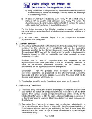¼ããÀ¦ããè¾ã ¹ãÆãä¦ã¼ãîãä¦ã ‚ããõÀ ãäÌããä¶ã½ã¾ã ºããñ¡Ã
Securities and Exchange Board of India
Page 4 of 12
3) every shareholder in entity B holds equity shares in the same proportion
as held in entity A before the demerger. It will be treated as 'no change
in shareholding pattern'.
(ii) In case a wholly-owned-subsidiary (say, "entity X") of a listed entity is
merged with its parent listed company (say, "entity Y"), where the
shareholders and the shareholding pattern of entity Y remains the same, it
will be treated as 'no change in shareholding pattern'.
For the limited purpose of this Circular, 'resultant company' shall mean a
company arising / remaining after the listed company undertakes a Scheme of
Arrangement.
(e) In all other cases, 'Valuation Report from an Independent Chartered
Accountant' shall be required.
5. Auditor’s certificate
(a) An auditors’ certificate shall be filed to the effect that the accounting treatment
contained in the scheme is in compliance with all the Accounting
Standards specified by the Central Government under Section 133 of the
Companies Act, 2013 read with the rules framed thereunder or the Accounting
Standards issued by ICAI, as applicable, and other generally accepted
accounting principles.
Provided that in case of companies where the respective sectoral
regulatory authorities have prescribed norms for accounting treatment of
items in the financial statements contained in the scheme, the
requirements of the regulatory authorities shall prevail.
Explanation – For this purpose, mere disclosure of deviations in
accounting treatments as prescribed in the aforementioned Accounting
Standards and other generally accepted Accounting Principles shall not be
deemed as compliance with the above.
(b) The standard format for auditors’ certificate would be as per Annexure II.
6. Redressal of Complaints
(a) The Listed entity shall submit to stock exchanges a ‘Complaints Report’ which
shall contain the details of complaints/comments received by it on the Draft
Scheme from various sources (complaints/comments written directly to the
listed entity or forwarded to it by the stock exchanges/SEBI) as per Annexure III
of this Circular prior to obtaining Observation Letter from stock exchanges on
Draft Scheme.
(b) ‘Complaints Report’ as mentioned above, shall be submitted by listed entity to
the stock exchanges within 7 days of expiry of 21 days from the date of filing of
Draft Scheme with stock exchanges and hosting the Draft Scheme along with
documents specified under para (3) above on the websites of stock exchanges
and the listed entity .
 