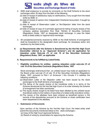 ¼ããÀ¦ããè¾ã ¹ãÆãä¦ã¼ãîãä¦ã ‚ããõÀ ãäÌããä¶ã½ã¾ã ºããñ¡Ã
Securities and Exchange Board of India
Page 7 of 12
2. SEBI shall endeavour to provide its comments on the Draft Scheme to the stock
exchanges within 30 days from the later of the following:
(a) date of receipt of satisfactory reply on clarifications, if any sought from the listed
entity by SEBI; or
(b) date of receipt of opinion from Independent Chartered Accountant, if sought by
SEBI; or
(c) date of receipt of Observation Letter’ or ‘No-Objection’ letter from the stock
exchanges.
(d) date of receipt of copy of in-principle approval for listing of equity shares of the
company seeking exemption from Rule 19(2)(b) of Securities Contracts
(Regulation) Rules, 1957 on designated stock exchange, in case the listed
entity is listed solely on regional stock exchange.
3. All complaints/comments received by SEBI on the Draft Scheme of arrangement
shall be forwarded to the designated stock exchange, for necessary action and
resolution by the listed entity.
II. (a) Requirements after the Scheme is Sanctioned by the Hon’ble High Court
(hereinafter referred to as “Approved Scheme”) and (b) application for
relaxation under Sub-rule (7) of rule 19 of the Securities Contracts
(Regulation) Rules, 1957, as applicable
A. Requirements to be fulfilled by Listed Entity
1. Eligibility conditions for entities seeking relaxation under sub-rule (7) of
rule 19 of the Securities Contracts (Regulation) Rules, 1957
Stock exchanges shall ensure that , an unlisted issuer may make an application to
the Board under sub-rule (7) of rule 19 of the Securities Contracts (Regulation)
Rules, 1957, pursuant to Part I of Annexure I this Circular if it satisfies the
following conditions:
(a) Observation Letter or No Objection Letter has been issued by the stock
exchanges to the Draft Scheme of arrangement;
(b) The listing of the equity shares of the transferee entity is in terms of the
Scheme sanctioned by the Hon’ble High Court or its order whereby the Scheme
of arrangement has been sanctioned;
(c) The equity shares sought to be listed have been allotted by the unlisted issuer
(transferee entity) to the holders of securities of a listed entity (transferor entity);
(d) The names of the allottees have been entered as beneficial owners in the
records of the depositories pursuant to the Scheme or share certificates have
been dispatched to the allottees.
2. Submission of Documents
Upon sanction of the Scheme by the Hon’ble High Court, the listed entity shall
submit the documents mentioned below to the stock exchanges:-
(a) Copy of the High Court approved Scheme;
(b) Result of voting by shareholders for approving the Scheme;
 