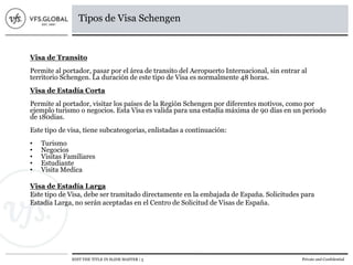 EDIT THE TITLE IN SLIDE MASTER | 5 Private and Confidential
Tipos de Visa Schengen
Visa de Transito
Permite al portador, pasar por el área de transito del Aeropuerto Internacional, sin entrar al
territorio Schengen. La duración de este tipo de Visa es normalmente 48 horas.
Visa de Estadía Corta
Permite al portador, visitar los países de la Región Schengen por diferentes motivos, como por
ejemplo turismo o negocios. Esta Visa es valida para una estadía máxima de 90 días en un periodo
de 180dias.
Este tipo de visa, tiene subcateogorias, enlistadas a continuación:
• Turismo
• Negocios
• Visitas Familiares
• Estudiante
• Visita Medica
Visa de Estadía Larga
Este tipo de Visa, debe ser tramitado directamente en la embajada de España. Solicitudes para
Estadía Larga, no serán aceptadas en el Centro de Solicitud de Visas de España.
 