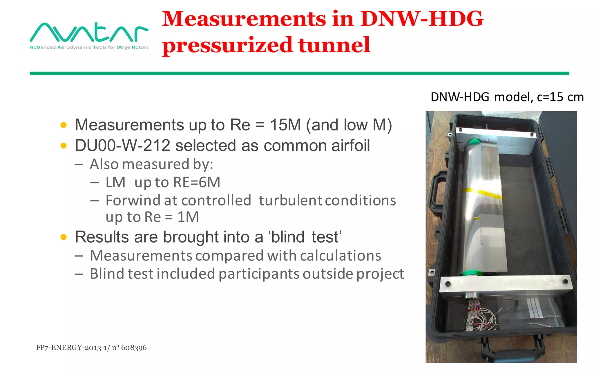 FP7-ENERGY-2013-1/ n° 608396
Measurements in DNW-HDG
pressurized tunnel
• Measurements up to Re = 15M (and low M)
• DU00-W-212 selected as common airfoil
– Also	measured	by:
– LM		up	to	RE=6M
– Forwind at	controlled		turbulent	conditions	
up	to	Re	=	1M
• Results are brought into a ‘blind test’
– Measurements	compared	with	calculations
– Blind	test	included	participants	outside	project
DNW-HDG	model,	c=15	cm
 