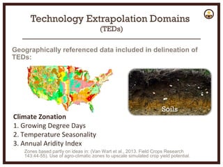 Technology Extrapolation Domains
(TEDs)
Geographically referenced data included in delineation of
TEDs:
Zones based partly on ideas in: (Van Wart et al., 2013. Field Crops Research
143:44-55). Use of agro-climatic zones to upscale simulated crop yield potential.
Climate Zonation
1. Growing Degree Days
2. Temperature Seasonality
3. Annual Aridity Index
 