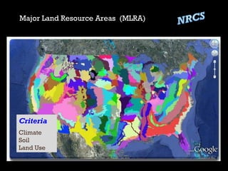 Major Land Resource Areas (MLRA)
Criteria
Climate
Soil
Land Use
 
