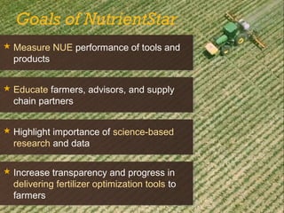  Measure NUE performance of tools and
products
 Measure NUE performance of tools and
products
Goals of NutrientStar
 Educate farmers, advisors, and supply
chain partners
 Educate farmers, advisors, and supply
chain partners
 Highlight importance of science-based
research and data
 Highlight importance of science-based
research and data
 Increase transparency and progress in
delivering fertilizer optimization tools to
farmers
 Increase transparency and progress in
delivering fertilizer optimization tools to
farmers
 