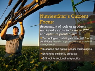 NutrientStar’s Current
Focus:
Assessment of tools or products
marketed as able to increase NUE
and optimize profitability
Technologies modeling climate, soil & other
conditions (decision support tools that enable 4R
management)
In-season and optical sensor technologies
Enhanced efficiency products
GIS tool for regional adaptability
NutrientStar’s Current
Focus:
Assessment of tools or products
marketed as able to increase NUE
and optimize profitability
Technologies modeling climate, soil & other
conditions (decision support tools that enable 4R
management)
In-season and optical sensor technologies
Enhanced efficiency products
GIS tool for regional adaptability
 