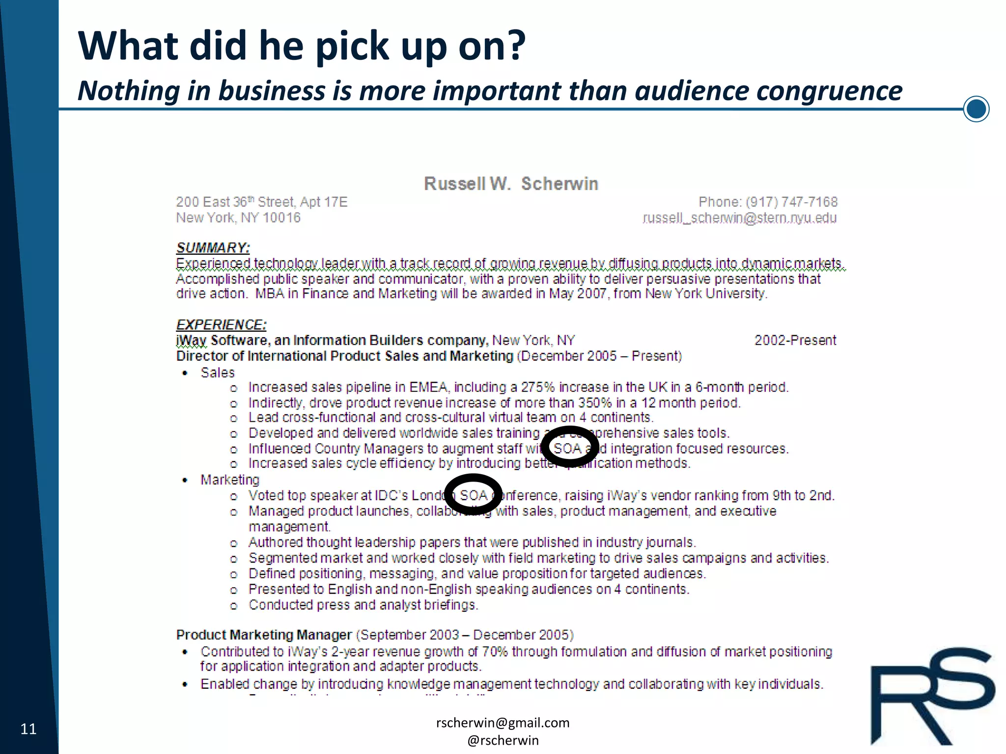 11 rscherwin@gmail.com
@rscherwin
What did he pick up on?
Nothing in business is more important than audience congruence
 