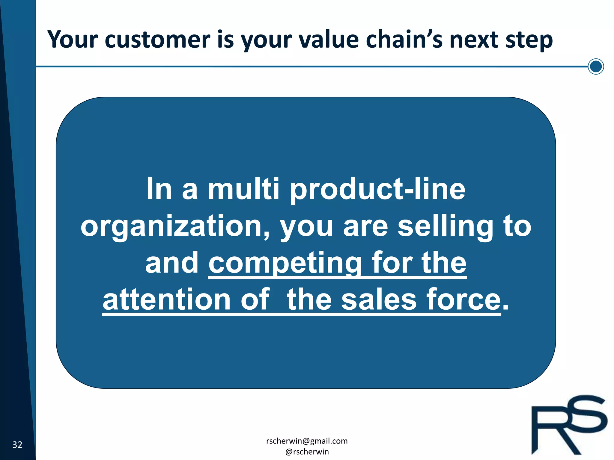 32 rscherwin@gmail.com
@rscherwin
Your customer is your value chain’s next step
In a multi product-line
organization, you are selling to
and competing for the
attention of the sales force.
 