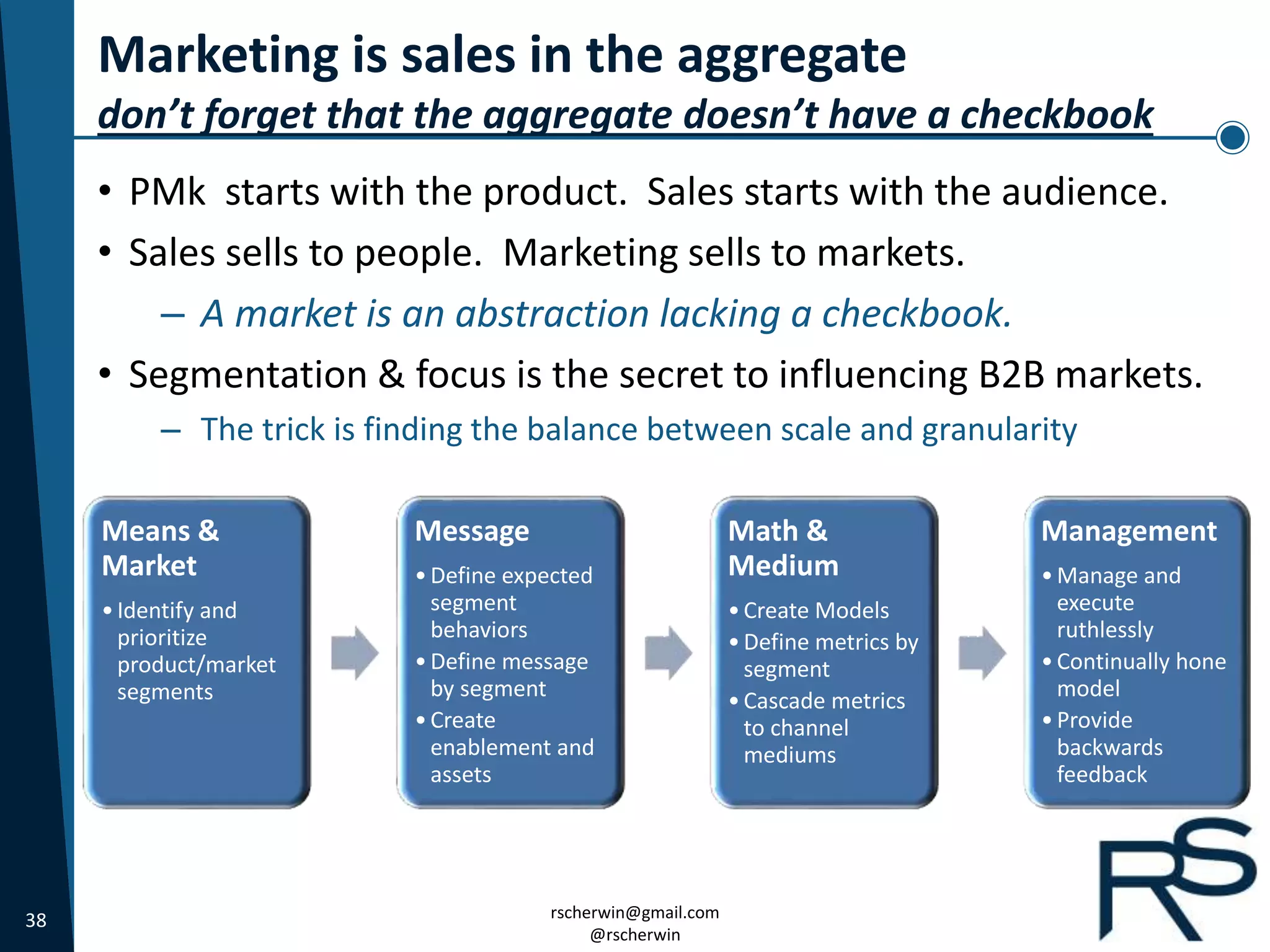 38 rscherwin@gmail.com
@rscherwin
Marketing is sales in the aggregate
don’t forget that the aggregate doesn’t have a checkbook
• PMk starts with the product. Sales starts with the audience.
• Sales sells to people. Marketing sells to markets.
– A market is an abstraction lacking a checkbook.
• Segmentation & focus is the secret to influencing B2B markets.
– The trick is finding the balance between scale and granularity
Means &
Market
•Identify and
prioritize
product/market
segments
Message
•Define expected
segment
behaviors
•Define message
by segment
•Create
enablement and
assets
Math &
Medium
•Create Models
•Define metrics by
segment
•Cascade metrics
to channel
mediums
Management
•Manage and
execute
ruthlessly
•Continually hone
model
•Provide
backwards
feedback
 
