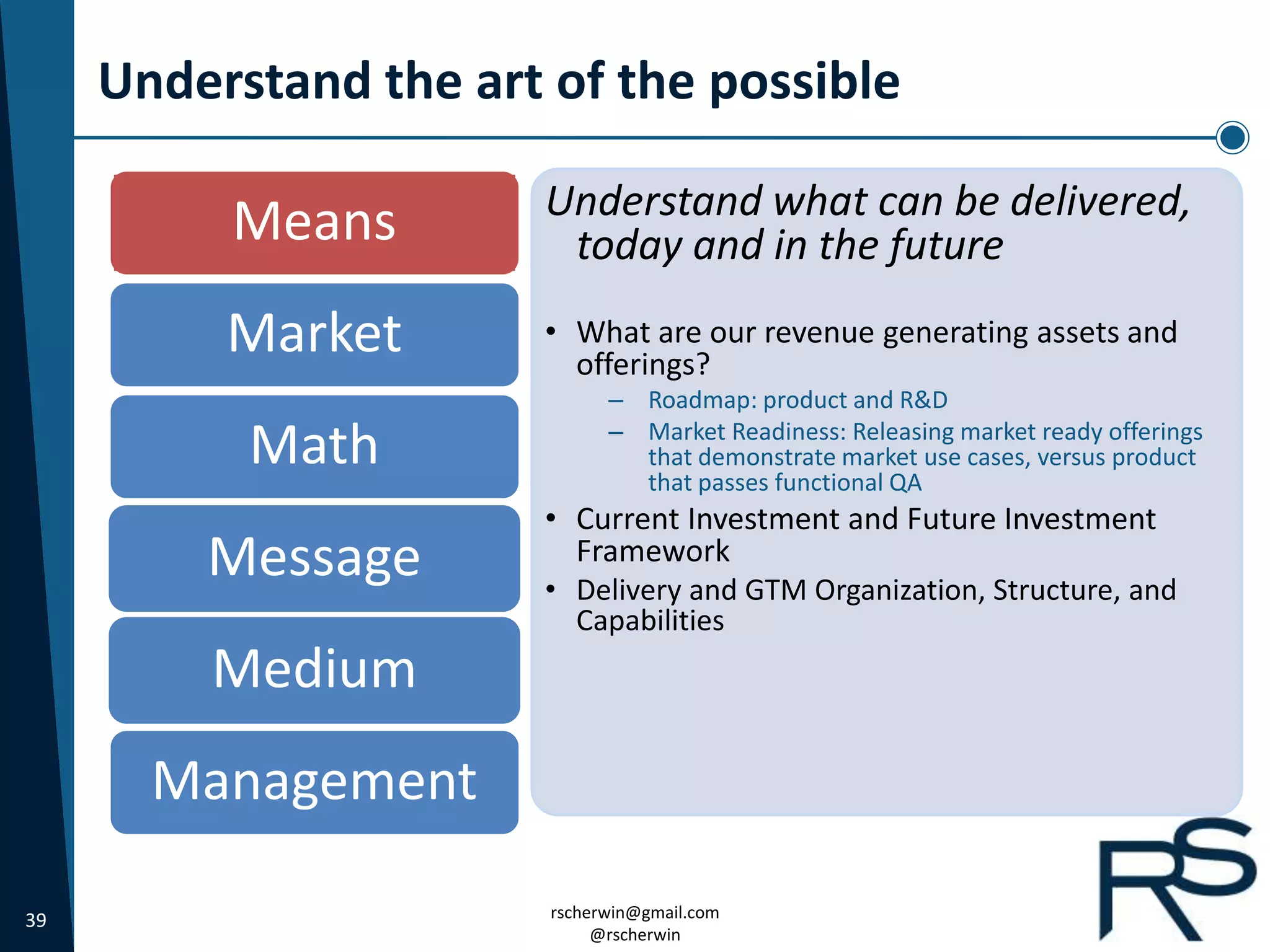 39 rscherwin@gmail.com
@rscherwin
Understand the art of the possible
Means
Market
Math
Message
Medium
Management
Understand what can be delivered,
today and in the future
• What are our revenue generating assets and
offerings?
– Roadmap: product and R&D
– Market Readiness: Releasing market ready offerings
that demonstrate market use cases, versus product
that passes functional QA
• Current Investment and Future Investment
Framework
• Delivery and GTM Organization, Structure, and
Capabilities
 