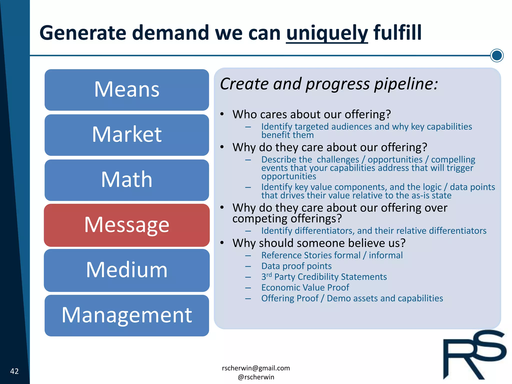 42 rscherwin@gmail.com
@rscherwin
Generate demand we can uniquely fulfill
Means
Market
Math
Message
Medium
Management
Create and progress pipeline:
• Who cares about our offering?
– Identify targeted audiences and why key capabilities
benefit them
• Why do they care about our offering?
– Describe the challenges / opportunities / compelling
events that your capabilities address that will trigger
opportunities
– Identify key value components, and the logic / data points
that drives their value relative to the as-is state
• Why do they care about our offering over
competing offerings?
– Identify differentiators, and their relative differentiators
• Why should someone believe us?
– Reference Stories formal / informal
– Data proof points
– 3rd Party Credibility Statements
– Economic Value Proof
– Offering Proof / Demo assets and capabilities
 