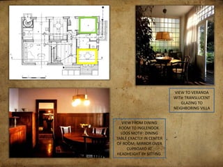 VIEW TO VERANDA
WITH TRANSLUCENT
GLAZING TO
NEIGHBORING VILLA
VIEW FROM DINING
ROOM TO INGLENOOK.
LOOS MOTIF: DINING
TABLE EXACTLY IN CENTER
OF ROOM; MIRROR OVER
CUPBOARD AT
HEADHEIGHT BY SITTING.
 