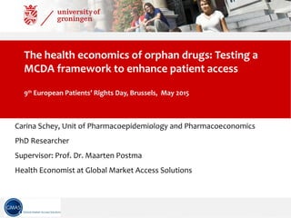 The health economics of orphan drugs: Testing a
MCDA framework to enhance patient access
9th
European Patients’ Rights Day, Brussels, May 2015
Carina Schey, Unit of Pharmacoepidemiology and Pharmacoeconomics
PhD Researcher
Supervisor: Prof. Dr. Maarten Postma
Health Economist at Global Market Access Solutions
 