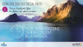 COSTA CROCIERE SUI SOCIAL: FACTS
Prima Facebook Offer
in Italia nel settore turistico
PIÙ DI 700 PRENOTAZIONI
IN 48 ORE E SOLD OUT
DELLA PARTENZA
6
 