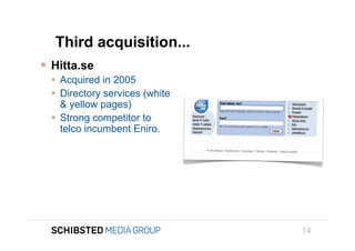 Third acquisition...
         Hitta.se
           Acquired in 2005
           Directory services (white
            & yellow pages)
back,
           Strong competitor to
            telco incumbent Eniro.




                                        14
 