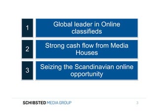 Global leader in Online
                 1
                               classifieds

                      Strong cash flow from Media
                 2
To get back,
                                Houses

                     Seizing the Scandinavian online
                 3
                               opportunity


SIFICED’ via

icking off the
                                                       3
 