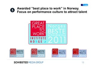 Awarded ”best place to work” in Norway.
                 5
                     Focus on performance culture to attract talent




To get back,




                                           GPTW?
SIFICED’ via

icking off the
                                                               18
 