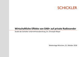 SCHICKLER
Studie der Schickler Unternehmensberatung, Dr. Christoph Mayer
Wirtschaftliche Effekte von DAB+ auf private Radiosender
Medientage München, 25. Oktober 2018
 