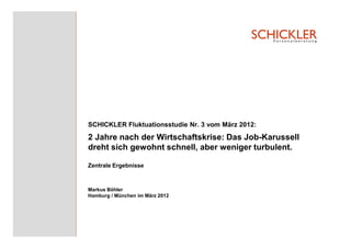 SCHICKLER Fluktuationsstudie Nr. 3 vom März 2012:
2 Jahre nach der Wirtschaftskrise: Das Job-Karussell
dreht sich gewohnt schnell, aber weniger turbulent.

Zentrale Ergebnisse



Markus Böhler
Hamburg / München im März 2012
 