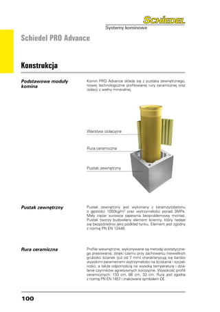 Schiedel PRO Advance


Konstrukcja
Podstawowe moduły   Komin Pro Advance składa się z pustaka zewnętrznego,
komina	             nowej technologicznie profilowanej rury ceramicznej oraz
                    izolacji z wełny mineralnej.




                    Warstwa izolacyjna



                    Rura ceramiczna



                    Pustak zewnętrzny




Pustak zewnętrzny   Pustak zewnętrzny jest wykonany z keramzytobetonu
                    o gęstości 1050kg/m3 oraz wytrzymałości ponad 3MPa.
                    Mały ciężar surowca zapewnia bezproblemowy montaż.
                    Pustak tworzy budowlany element ścienny, który nadaje
                    się bezpośrednio jako podkład tynku. Element jest zgodny
                    z normą PN EN 12446.




Rura ceramiczna     Profile wewnętrzne, wykonywane są metodą izostatyczne-
                    go prasowania, dzięki czemu przy zachowaniu niewielkich
                    grubości ścianek (już od 7 mm) charakteryzują się bardzo
                    wysokimi parametrami wytrzymałości na ściskanie i szczel-
                    ności, a także odpornością na wysoką temperaturę i dzia-
                    łanie czynników agresywnych korozyjnie. Wysokość profili
                    ceramicznych: 133 cm, 66 cm, 33 cm. Rura jest zgodna
                    z normą PN EN 1457 i znakowana symbolem .




100
 