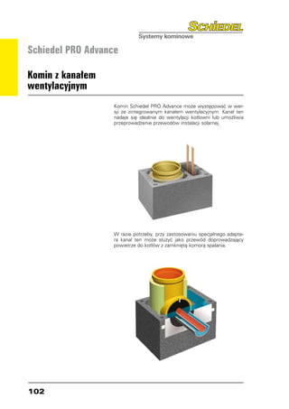 Schiedel PRO Advance

Komin z kanałem
wentylacyjnym
                   Komin Schiedel PRO Advance może występować w wer-
                   sji ze zintegrowanym kanałem wentylacyjnym. Kanał ten
                   nadaje się idealnie do wentylacji kotłowni lub umożliwia
                   przeprowadzenie przewodów instalacji solarnej.




                   W razie potrzeby, przy zastosowaniu specjalnego adapte-
                   ra kanał ten może służyć jako przewód doprowadzający
                   powietrze do kotłów z zamkniętą komorą spalania.




102
 