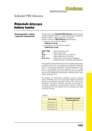 Schiedel PRO Advance

Wskazówki dotyczące
budowy komina
Przeznaczenie, zakres   System kominowy Schiedel PRO Advance jest stosowany
i warunki stosowania    do odprowadzania spalin z urządzeń grzewczych opalanych
                        paliwem stałym, olejem opałowym lub gazem.
                        System kominowy PRO Advance klasyfikuje się:
                        •	 zgodnie z normą PN EN 13063-1:
                        	 - T400 N1 D 3 G 50
                        •	 oraz zgodnie z normą PN EN 13063-2:
                        	 - T200 N1 W 2 O 00

                        T400, T200	 – 	klasa temperaturowa
                        N1	         –	 klasa ciśnieniowa
                        D, W	       –	 klasa odporności na kondensat
                        2, 3	       –	 klasa odporności na korozję
                        G xx, O xx	 –	 odporność na pożar sadzy i odległość
                        			 od elementów z materiałów łatwopalnych.

                        W przypadku zastosowania komina do urządzeń grzewczych
                        na paliwa płynne (np. olej opałowy) lub gazowe wysokość
                        komina nie powinna przekraczać wartości podanych w tab-
                        licy 1, a w przypadku kominów wyższych niż 15 m, część
                        komina usytuowana poza przestrzenią ogrzewaną budynku
                        powinna być dodatkowo zaizolowana warstwą wełny mine-
                        ralnej o grubości 3 cm.

                        Ze względu na systemowe ocieplenie komina warstwą
                        wełny mineralnej, komin ten doskonale nadaje się zarówno
                        jako komin stosowany wewnątrz budynku jak i na zewnątrz.
                        Przewody kominowe wykonuje się jako konstrukcje sa-
                        monośne, oddzielone od elementów nośnych budynku.
                        Szczegółowe warunki budowy komina znajdują się w jego
                        instrukcji montażu.



                        Tablica 1
                                                       Wysokość przewodu
                                Typ komina
                                                        kominowego [m]
                               PRO Advance 14                    25
                               PRO Advance 16                    27
                               PRO Advance 18                    30
                               PRO Advance 20                    33




                                                                        103
 