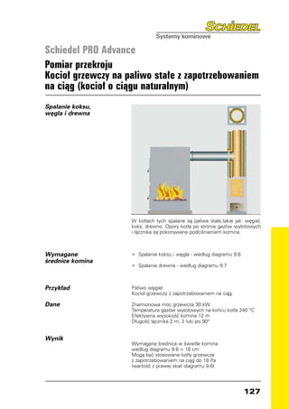 Schiedel PRO Advance
Pomiar przekroju
Kocioł grzewczy na paliwo stałe z zapotrzebowaniem
na ciąg (kocioł o ciągu naturalnym)
Spalanie koksu,
węgla i drewna




                    W kotłach tych spalane są paliwa stałe,takie jak: węgiel,
                    koks, drewno. Opory kotła po stronie gazów wylotowych
                    i łącznika są pokonywane podciśnieniem komina.



Wymagane            •	 Spalanie koksu i węgla - według diagramu 9.6
średnice komina
                    •	 Spalanie drewna - według diagramu 9.7

Przykład            Paliwo węgiel
                    Kocioł grzewczy z zapotrzebowaniem na ciąg

Dane                Znamionowa moc grzewcza 30 kW
                    Temperatura gazów wylotowych na końcu kotła 240 °C
                    Efektywna wysokość komina 12 m
                    Długość łącznika 2 m, 2 łuki po 90°


Wynik
                    Wymagana średnica w świetle komina
                    według diagramu 9.6 = 16 cm
                    Mogą być stosowane kotły grzewcze
                    z zapotrzebowaniem na ciąg do 18 Pa
                    (wartość z prawej skali diagramu 9.6)




                                                                      127
 