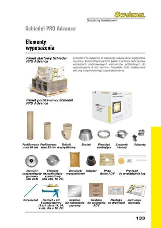 Schiedel PRO Advance

  Elementy
  wyposażenia
  Pakiet startowy Schiedel         Schiedel Pro Advance to najlepsze rozwiązanie logistyczne
  PRO Advance                      na rynku. Klient otrzymuje tzw. pakiet startowy czyli zestaw
                                   wszystkich podstawowych elementów potrzebnych do
                                   wybudowania 4 mb komina. Pozostała ilość dostarczana
                                   jest wg indywidualnego zapotrzebowania.




  Pakiet podstawowy Schiedel
  PRO Advance




Profilowana Profilowana Trójnik           Stożek       Pierścień      Szalunek       Uchwyty
rura 66 cm rura 33 cm wyczystkowy                     centrujący       tracony




   Element        Element        Drzwiczki Adapter          Płyta           Przyrząd
uszczelniający uszczelniający   wyczystkowe              dolna ADV      do wygładzania fug
  gumowy        szamotowy
  (dla ø14) (dla ø16, 18, 20)




Brzeszczot       Pistolet + kit    Szablon      Szablon      Naklejka   Instrukcja
               kwasoodporny do nakładania     do wycinania na drzwiczki montażu
             (3 szt. dla ø 14, 16; zaprawy        ADV
             4 szt. dla ø 18, 20)


                                                                                       133
 