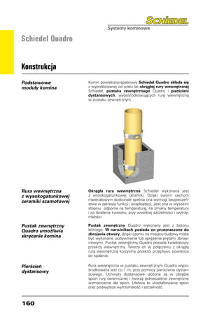 Schiedel Quadro


Konstrukcja
Podstawowe            Komin powietrzno-spalinowy Schiedel Quadro składa się
moduły komina         z wypróbowanej od wielu lat okrągłej rury wewnętrznej
                      Schiedel, pustaka zewnętrznego Quadro i pierścieni
                      dystansowych, wypośrodkowujących rurę wewnętrzną
                      w pustaku zewnętrznym.




Rura wewnętrzna       Okrągła rura wewnętrzna Schiedel wykonana jest
z wysokogatunkowej    z wysokogatunkowej ceramiki. Dzięki swoim cechom
ceramiki szamotowej   materiałowym doskonale spełnia ona wymogi bezpieczeń-
                      stwa w zakresie funkcji i eksploatacji. Jest ona w wysokim
                      stopniu odporna na temperaturę, na zmiany temperatury
                      i na działanie kwasów, przy wysokiej szczelności i wytrzy-
                      małości.

Pustak zewnętrzny     Pustak zewnętrzny Quadro wykonany jest z betonu
Quadro umożliwia      lekkiego. W narożnikach posiada on przeznaczone do
                      zbrojenia otwory, dzięki czemu na miejscu budowy może
skręcanie komina      być wykonane usztywnienie lub sprężenie prętami zbroje-
                      niowymi. Pustak zewnętrzny Quadro posiada kwadratowy
                      przekrój wewnętrzny. Tworzy on w połączeniu z okrągłą
                      rurą wewnętrzną korzystny przekrój przepływu powietrza
                      do spalania.

Pierścień             Rura wewnętrzna w pustaku zewnętrznym Quadro wypo-
dystansowy            środkowana jest co 1 m, przy pomocy pierścienia dystan-
                      sowego. Uchwyty dystansowe ułożone są w obrębie
                      spoin rury ceramicznej i tworzą jednocześnie zewnętrzne
                      wzmocnienie dla spoin. Ułatwia to ukształtowanie spoin
                      oraz podwyższa wytrzymałość i szczelność.



160
 