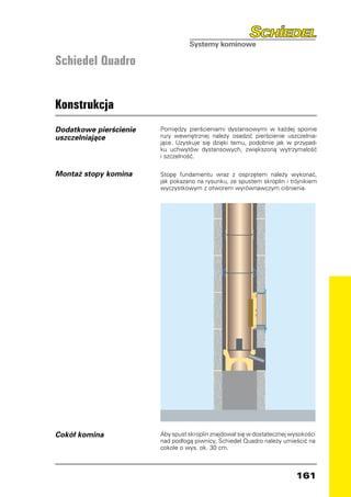 Schiedel Quadro


Konstrukcja
Dodatkowe pierścienie   Pomiędzy pierścieniami dystansowymi w każdej spoinie
uszczelniające          rury wewnętrznej należy osadzić pierścienie uszczelnia-
                        jące. Uzyskuje się dzięki temu, podobnie jak w przypad-
                        ku uchwytów dystansowych, zwiększoną wytrzymałość
                        i szczelność.

Montaż stopy komina     Stopę fundamentu wraz z osprzętem należy wykonać,
                        jak pokazano na rysunku, ze spustem skroplin i trójnikiem
                        wyczystkowym z otworem wyrównawczym ciśnienia.




Cokół komina            Aby spust skroplin znajdował się w dostatecznej wysokości
                        nad podłogą piwnicy, Schiedel Quadro należy umieścić na
                        cokole o wys. ok. 30 cm.



                                                                         161
 