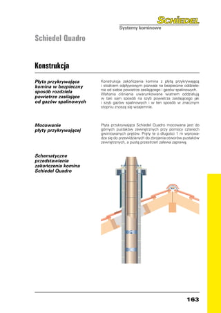 Schiedel Quadro


Konstrukcja
Płyta przykrywająca    Konstrukcja zakończenia komina z płytą przykrywającą
komina w bezpieczny    i stożkiem odpływowym pozwala na bezpieczne oddziele-
                       nie od siebie powietrza zasilającego i gazów spalinowych.
sposób rozdziela       Wahania ciśnienia uwarunkowane wiatrem oddziałują
powietrze zasilające   w taki sam sposób na szyb powietrza zasilającego jak
od gazów spalinowych   i szyb gazów spalinowych i w ten sposób w znacznym
                       stopniu znoszą się wzajemnie.



Mocowanie              Płyta przykrywająca Schiedel Quadro mocowana jest do
płyty przykrywającej   górnych pustaków zewnętrznych przy pomocy czterech
                       gwintowanych prętów. Pręty te o długości 1 m wprowa-
                       dza się do przewidzianych do zbrojenia otworów pustaków
                       zewnętrznych, a pustą przestrzeń zalewa zaprawą.


Schematyczne
przedstawienie
zakończenia komina
Schiedel Quadro




                                                                        163
 