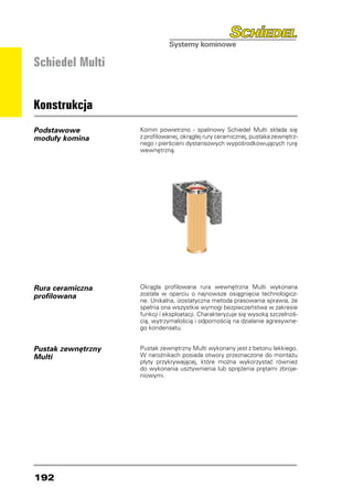 Schiedel Multi


Konstrukcja
Podstawowe          Komin powietrzno - spalinowy Schiedel Multi składa się
moduły komina       z profilowanej, okrągłej rury ceramicznej, pustaka zewnętrz-
                    nego i pierścieni dystansowych wypośrodkowujących rurę
                    wewnętrzną.




Rura ceramiczna     Okrągła profilowana rura wewnętrzna Multi wykonana
profilowana         została w oparciu o najnowsze osiągnięcia technologicz-
                    ne. Unikalna, izostatyczna metoda prasowania sprawia, że
                    spełnia ona wszystkie wymogi bezpieczeństwa w zakresie
                    funkcji i eksploatacji. Charakteryzuje się wysoką szczelnoś-
                    cią, wytrzymałością i odpornością na działanie agresywne-
                    go kondensatu.


Pustak zewnętrzny   Pustak zewnętrzny Multi wykonany jest z betonu lekkiego.
Multi               W narożnikach posiada otwory przeznaczone do montażu
                    płyty przykrywającej, które można wykorzystać również
                    do wykonania usztywnienia lub sprężenia prętami zbroje-
                    niowymi.




192
 