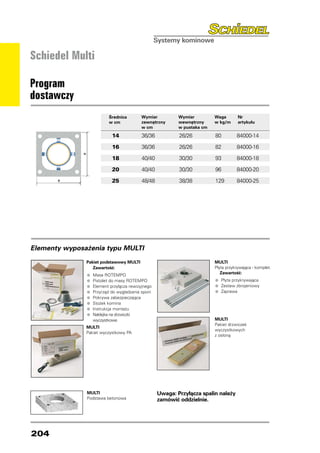 Schiedel Multi

Program
dostawczy
                         Średnica        Wymiar           Wymiar         Waga        Nr
                         w cm            zewnętrzny       wewnętrzny     w kg/m      artykułu
                                         w cm             w pustaka cm

                    	     14	            36/36	           26/26	         80	        84000-14

                    	     16	            36/36	           26/26	         82	        84000-16

                    	     18	            40/40	           30/30	         93	        84000-18

                    	     20	            40/40	           30/30	         96	        84000-20

                    	     25	            48/48	           38/38	         129	       84000-25




Elementy wyposażenia typu MULTI
               Pakiet podstawowy MULTI                                   MULTI
               	 Zawartość:                                              Płyta przykrywająca - komplet.
                                                                         	 Zawartość:
               • Masa ROTEMPO ROTEMPO
                	

               • Pistolet do masy rewizyjnego
                	
                                                                         • Płyta przykrywająca
                                                                           	


               • Element do wygładzania spoin
                	          przyłącza                                     • Zestaw zbrojeniowy
                                                                           	


               • Pokrywa zabezpieczająca
                	Przyrząd                                                • Zaprawa
                                                                           	


               • Stożek komina
                	

               • Instrukcja montażu
                	

               • Naklejka na drzwiczki
                	

               •	

               	 wyczystkowe                                             MULTI
                                                                         Pakiet drzwiczek
               MULTI
                                                                         wyczystkowych
               Pakiet wyczystkowy PA
                                                                         z osłoną




               MULTI                              Uwaga: Przyłącza spalin należy
               Podstawa betonowa                  zamówić oddzielnie.




204
 