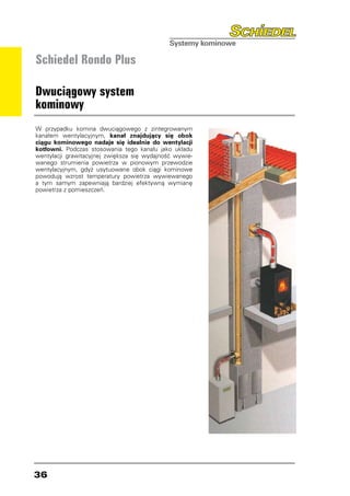 Schiedel Rondo Plus

Dwuciągowy system
kominowy
W przypadku komina dwuciągowego z zintegrowanym
kanałem wentylacyjnym, kanał znajdujący się obok
ciągu kominowego nadaje się idealnie do wentylacji
kotłowni. Podczas stosowania tego kanału jako układu
wentylacji grawitacyjnej zwiększa się wydajność wywie-
wanego strumienia powietrza w pionowym przewodzie
wentylacyjnym, gdyż usytuowane obok ciągi kominowe
powodują wzrost temperatury powietrza wywiewanego
a tym samym zapewniają bardziej efektywną wymianę
powietrza z pomieszczeń.




36
 