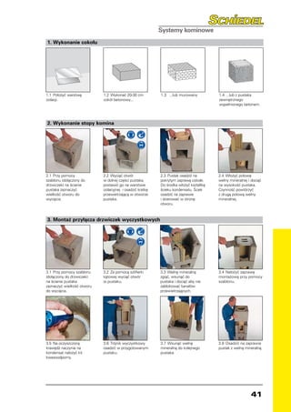 1. Wykonanie cokołu




1.1	 Położyć warstwę        1.2	 Wykonać 20-30 cm          1.3	 ...lub murowany         1.4	 ...lub z pustaka
izolacji.                   cokół betonowy...                                           zewnętrznego
                                                                                        wypełnionego betonem.



2. Wykonanie stopy komina




2.1	 Przy pomocy            2.2	 Wyciąć otwór              2.3	 Pustak osadzić na       2.4	 Włożyć połowę
szablonu (dołączony do      w dolnej części pustaka,       pokrytym zaprawą cokole.     wełny mineralnej i dociąć
drzwiczek) na ścianie       postawić go na warstwie        Do środka włożyć kształtkę   na wysokość pustaka.
pustaka zaznaczyć           izolacyjnej i osadzić kratkę   ścieku kondensatu. Ściek     Czynność powtórzyć
wielkość otworu do          przewietrzającą w otworze      osadzić na zaprawie          z drugą połową wełny
wycięcia.                   pustaka.                       i skierować w stronę         mineralnej.
                                                           otworu.



3. Montaż przyłącza drzwiczek wyczystkowych




3.1	 Przy pomocy szablonu   3.2	 Za pomocą szlifierki      3.3	 Wełnę mineralną         3.4	 Nałożyć zaprawę
(dołączony do drzwiczek)    kątowej wyciąć otwór           zgiąć, wsunąć do             montażową przy pomocy
na ścianie pustaka          w pustaku.                     pustaka i dociąć aby nie     szablonu.
zaznaczyć wielkość otworu                                  zablokować kanałów
do wycięcia.                                               przewietrzających.




3.5	 Na oczyszczoną         3.6	 Trójnik wyczystkowy       3.7	 Wsunąć wełnę            3.8	 Osadzić na zaprawie
krawędź naczynia na         osadzić w przygotowanym        mineralną do kolejnego       pustak z wełną mineralną.
kondensat nałożyć kit       pustaku.                       pustaka.
kwasoodporny.




                                                                                                           41
 