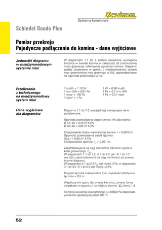 Schiedel Rondo Plus

Pomiar przekroju
Pojedyncze podłączenie do komina - dane wyjściowe
Jednostki diagramu    W diagramach 1.1 do 8 została naniesiona wymagana
w międzynarodowym     średnica w świetle komina w zależności od znamionowej
                      mocy grzewczej i efektywnej wysokości komina. Diagramy
systemie miar         zostały zbudowane w oparciu o międzynarodowy system
                      miar (znamionowa moc grzewcza w kW, zapotrzebowanie
                      na ciąg kotła grzewczego w Pa).



Przeliczenie          1   kcal/h = 1,16 W	           1 W = 0,86 kcal/h
z technicznego        1   mm SW = 9,81 Pa	           1 Pa = 0,1 mm SW
                      1   mbar = 100 Pa	             1 Pa = 0,01 mbar
na międzynarodowy     1   N/m2 = 1 Pa
system miar

Dane wyjściowe        Diagramy 1.1 do 7.2 uwzględniają następujące dane
dla diagramów         podstawowe:

                      Oporność przewodzenia ciepła komina (1/Λ) dla średnic:
                      Ø 12÷20 = 0,40 m2 K / W
                      Ø 25÷40 = 0,65 m2 K / W

                      Chropowatość ściany wewnętrznej komina r = 0,0015 m
                      Oporność przewodzenia ciepła łącznika
                      (1/Λv) = 0,65 m2 K / W
                      Chropowatość łącznika rv = 0,001 m.

                      Zapotrzebowanie na ciąg (konieczne ciśnienie wyporu)
                      kotła grzewczego PW :
                      W diagramach 1.1 do 1.2, 4.1 do 4.2, jak i 6.1 do 7.2
                      wartości zapotrzebowania na ciąg naniesiono po prawej
                      stronie diagramu.
                      W diagramach 2.1 do 2.4 PW jest równe 3 Pa, w diagramach
                      3.1 do 3.5 i 5.1 do 5.5 jest równe ±0 Pa.

                      Długość łącznika maksymalnie 2 m, wysokość efektywna
                      łącznika = 0,5 m.

                      Współczynnik oporu dla zmiany kierunku, zmiany formy
                      i prędkości w łączniku i na wejściu komina Σζ równy 1,8.

                      Ciśnienie powietrza zewnętrznego pL=94500 Pa odpowiada
                      wysokości geodezyjnej około 200 m.




52
 