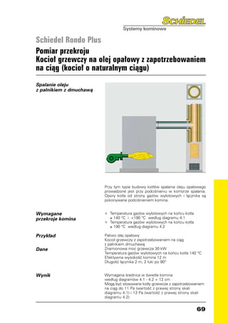Schiedel Rondo Plus
Pomiar przekroju
Kocioł grzewczy na olej opałowy z zapotrzebowaniem
na ciąg (kocioł o naturalnym ciągu)
Spalanie oleju
z palnikiem z dmuchawą




                         Przy tym typie budowy kotłów spalanie oleju opałowego
                         prowadzone jest przy podciśnieniu w komorze spalania.
                         Opory kotła od strony gazów wylotowych i łącznika są
                         pokonywane podciśnieniem komina.


Wymagane                 •	 Temperatura gazów wylotowych na końcu kotła
przekroje komina             ≥ 140 °C i 190 °C według diagramu 4.1
                         • 	 Temperatura gazów wylotowych na końcu kotła
                             ≥ 190 °C według diagramu 4.2

Przykład                 Paliwo olej opałowy
                         Kocioł grzewczy z zapotrzebowaniem na ciąg
                         z palnikiem dmuchawą
Dane                     Znamionowa moc grzewcza 30 kW
                         Temperatura gazów wylotowych na końcu kotła 140 °C
                         Efektywna wysokość komina 12 m
                         Długość łącznika 2 m, 2 łuki po 90°


Wynik                    Wymagana średnica w świetle komina
                         według diagramów 4.1 - 4.2 = 12 cm
                         Mogą być stosowane kotły grzewcze z zapotrzebowaniem
                         na ciąg do 11 Pa (wartość z prawej strony skali
                         diagramu 4.1) i 13 Pa (wartość z prawej strony skali
                         diagramu 4.2)


                                                                           69
 