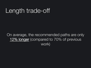 Length trade-off
On average, the recommended paths are only
12% longer (compared to 70% of previous
work)
 