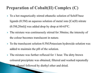  To a hot magnetically stirred ethanolic solution of Schiff base
ligands (0.5M) an aqueous solution of metal ions [Co(II) nitrate
(0.5M,20ml)] was added drop by drop at 60-65ºC.
 The mixture was continuously stirred for 30mins; the intensity of
the colour becomes translucent in nature.
 To the translucent solution 0.5M.Potassium hydroxide solution was
added to maintain the pH of the solution.
 The mixture was further refluxed for 1 hour. The dirty brown
coloured precipitate was obtained, filtered and washed repeatedly
with ethanol followed by diethyl ether and dried.
 
