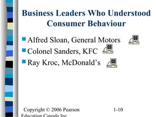 Copyright © 2006 Pearson 1-10
Business Leaders Who Understood
Consumer Behaviour
 Alfred Sloan, General Motors
 Colonel Sanders, KFC
 Ray Kroc, McDonald’s
 