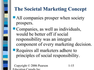 Copyright © 2006 Pearson 1-15
The Societal Marketing Concept
 All companies prosper when society
prospers.
 Companies, as well as individuals,
would be better off if social
responsibility was an integral
component of every marketing decision.
 Requires all marketers adhere to
principles of social responsibility.
 