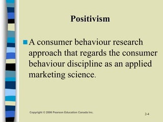 Copyright © 2006 Pearson Education Canada Inc.
2-4
Positivism
A consumer behaviour research
approach that regards the con...