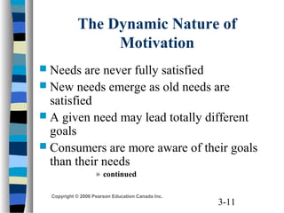 3-11
Copyright © 2006 Pearson Education Canada Inc.
The Dynamic Nature of
Motivation
 Needs are never fully satisfied
 New needs emerge as old needs are
satisfied
 A given need may lead totally different
goals
 Consumers are more aware of their goals
than their needs
» continued
 