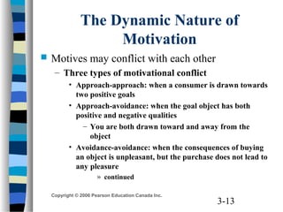 3-13
Copyright © 2006 Pearson Education Canada Inc.
The Dynamic Nature of
Motivation
 Motives may conflict with each other
– Three types of motivational conflict
• Approach-approach: when a consumer is drawn towards
two positive goals
• Approach-avoidance: when the goal object has both
positive and negative qualities
– You are both drawn toward and away from the
object
• Avoidance-avoidance: when the consequences of buying
an object is unpleasant, but the purchase does not lead to
any pleasure
» continued
 
